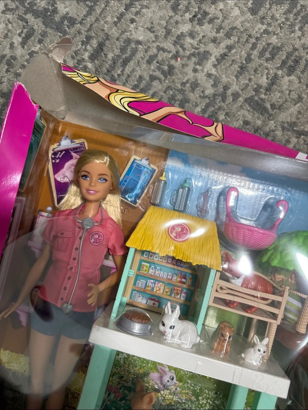 Barbie Animal Rescue Playset with Pink Packaging and Green Tree